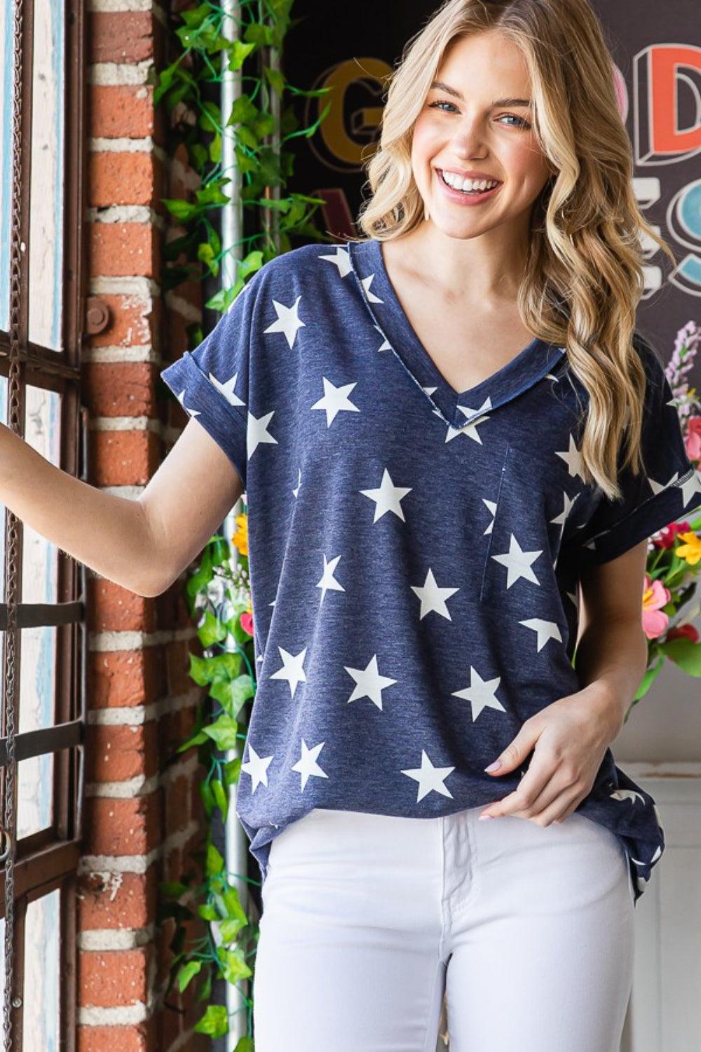 Heimish Full Size Star Print V-Neck Short Sleeve T-Shirt NAVYSTAR Shirts & Tops