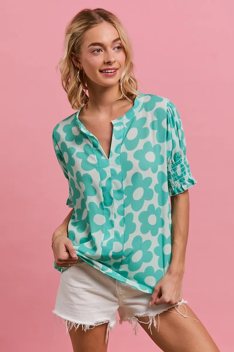 BiBi Flower Printed Woven Smocking Sleeves V Neck Top | Blouses Daverri Fashions
