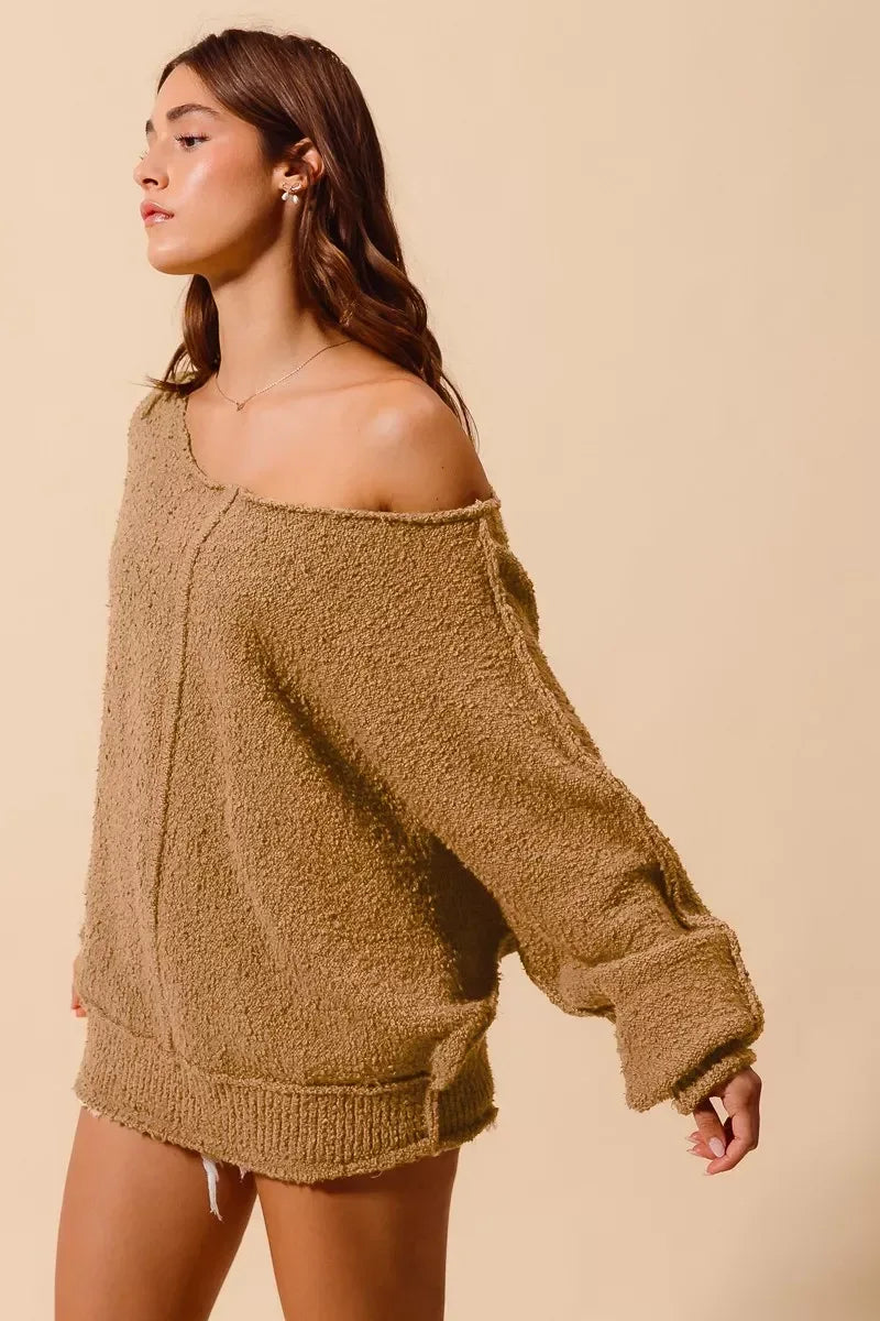 SO ME Loose Fit Exposed Seam Slouchy Boucle Sweater Taupe - DAVERRI FASHIONS