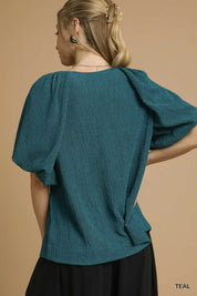 Umgee Textured Flutter Sleeve Notch Neck Top Teal | Blouses Daverri Fashions