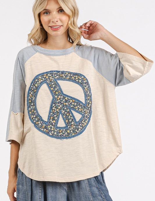 Mittoshop Peace Sign Patch Mineral Washed T-Shirt Blue Natural