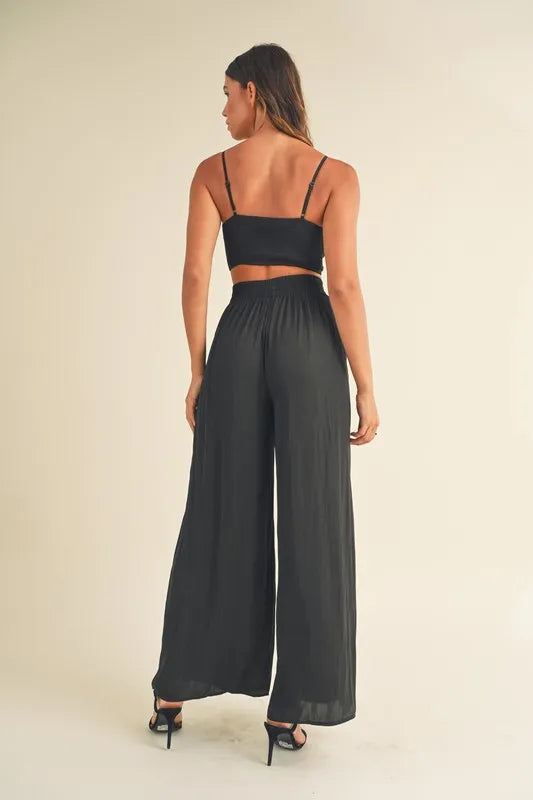 MABLE Smocked Bralette Crop Top and Wide Leg Pants Set Outfit Sets