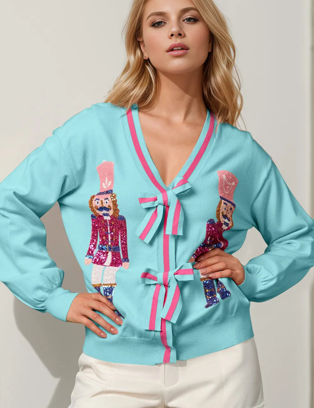 Pastel Blue Double Take Full Size Nutcracker Sequin Bow Decor Cardigan | Cardigans Daverri Fashions