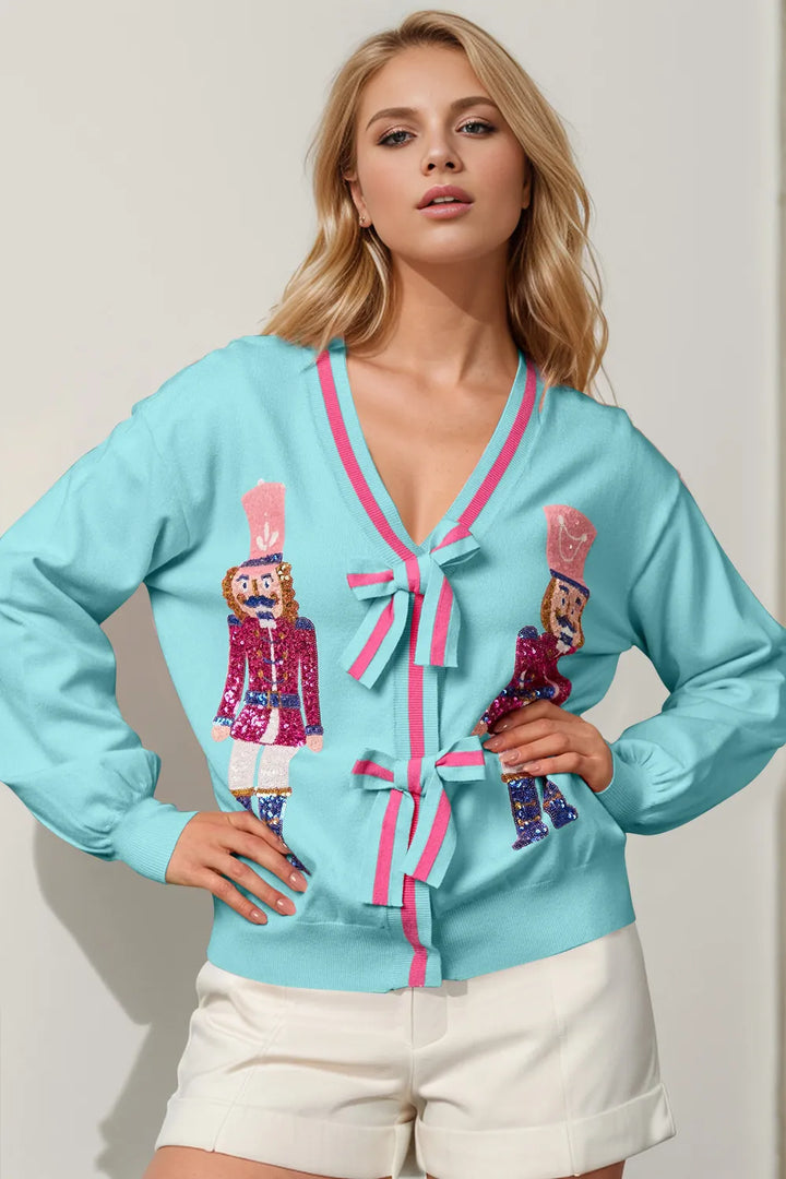 Pastel Blue Double Take Full Size Nutcracker Sequin Bow Decor Cardigan | Cardigans Daverri Fashions