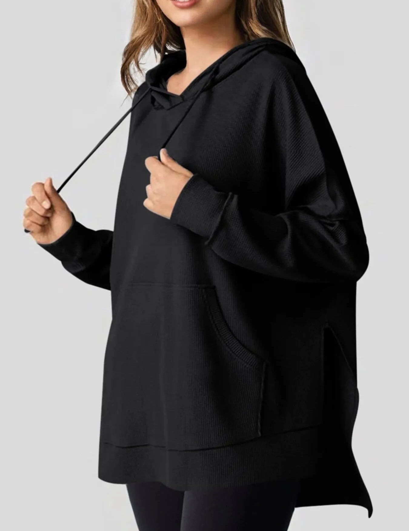 Slit Drawstring Waffle Knit Hoodie | Hoodies Daverri Fashions