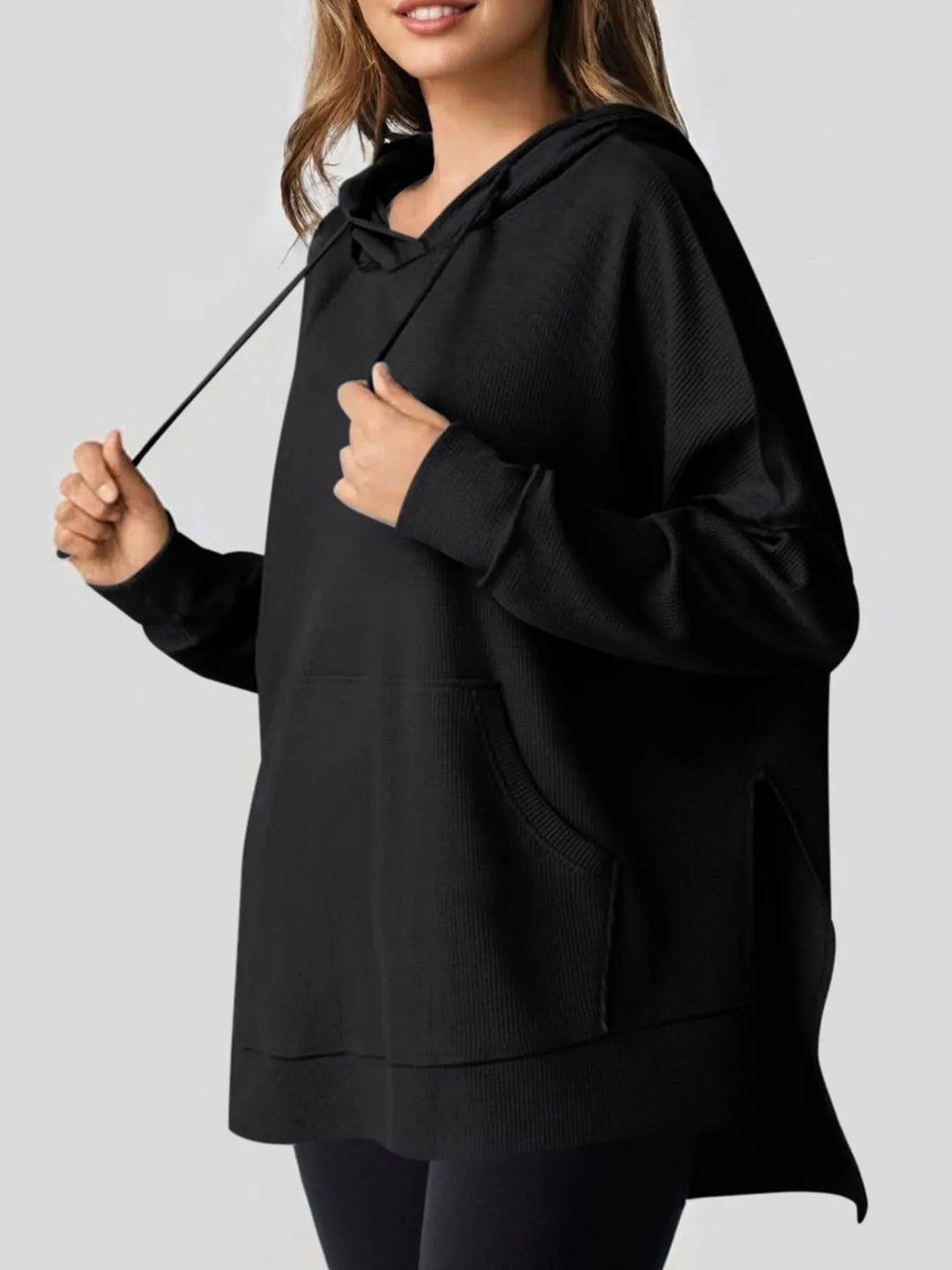 Slit Drawstring Waffle Knit Hoodie | Hoodies Daverri Fashions