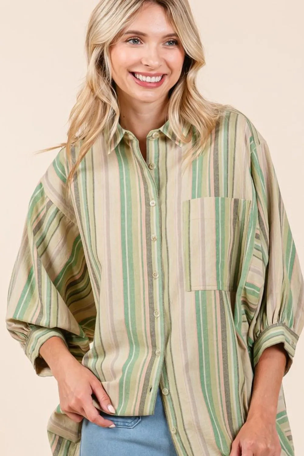 Mittoshop striped bubble sleeve button down shirt in green and beige