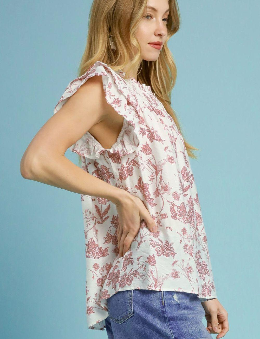 Umgee Full Size Two Tone Boxy Cut Floral Print Blouse Plus Size | Blouses Daverri Fashions