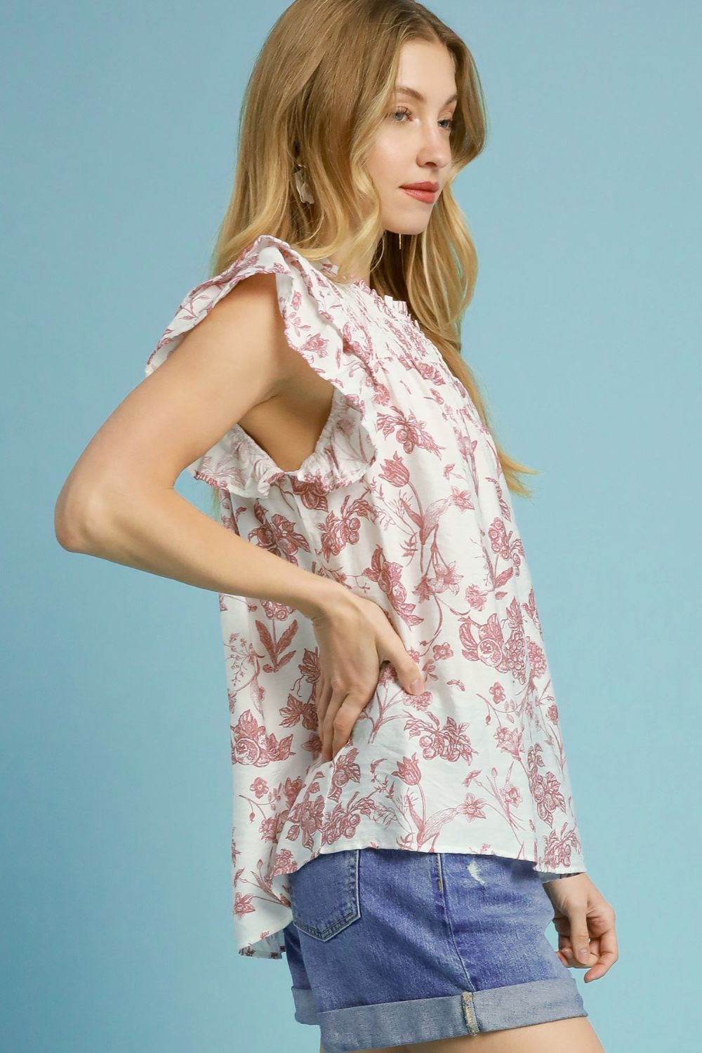 Umgee Full Size Two Tone Boxy Cut Floral Print Blouse Plus Size Blouses