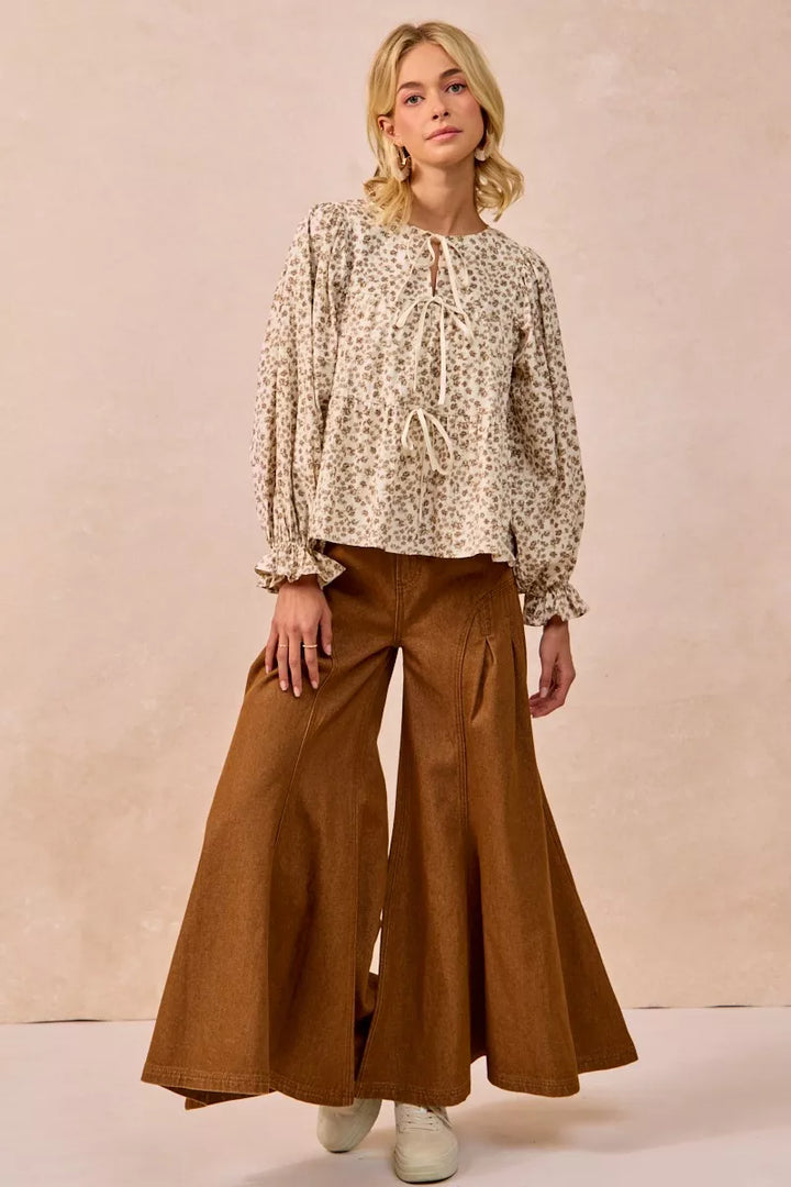 BiBi Floral Printed Peplum Blouse with Shirring and Tied | Blouses Daverri Fashions