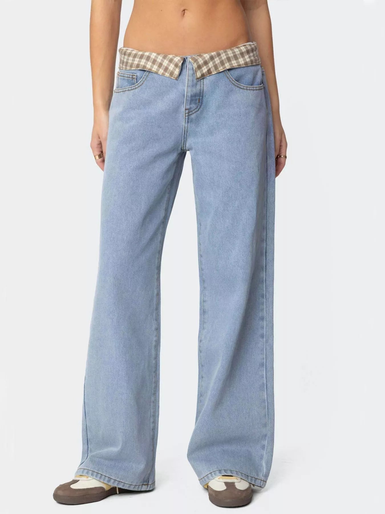 Plaid trim wide leg jeans in light-wash denim with plaid waistband