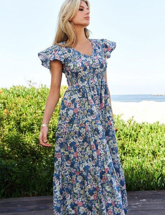 Vintage Garden Floral Flutter Smocking Midi Dress Blue Midi Dresses