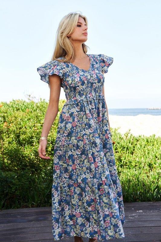 Vintage Garden Floral Flutter Smocking Midi Dress Blue Midi Dresses