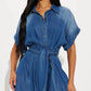 Blue Denim Shirt Dress with Short Sleeves and Tied Waistband