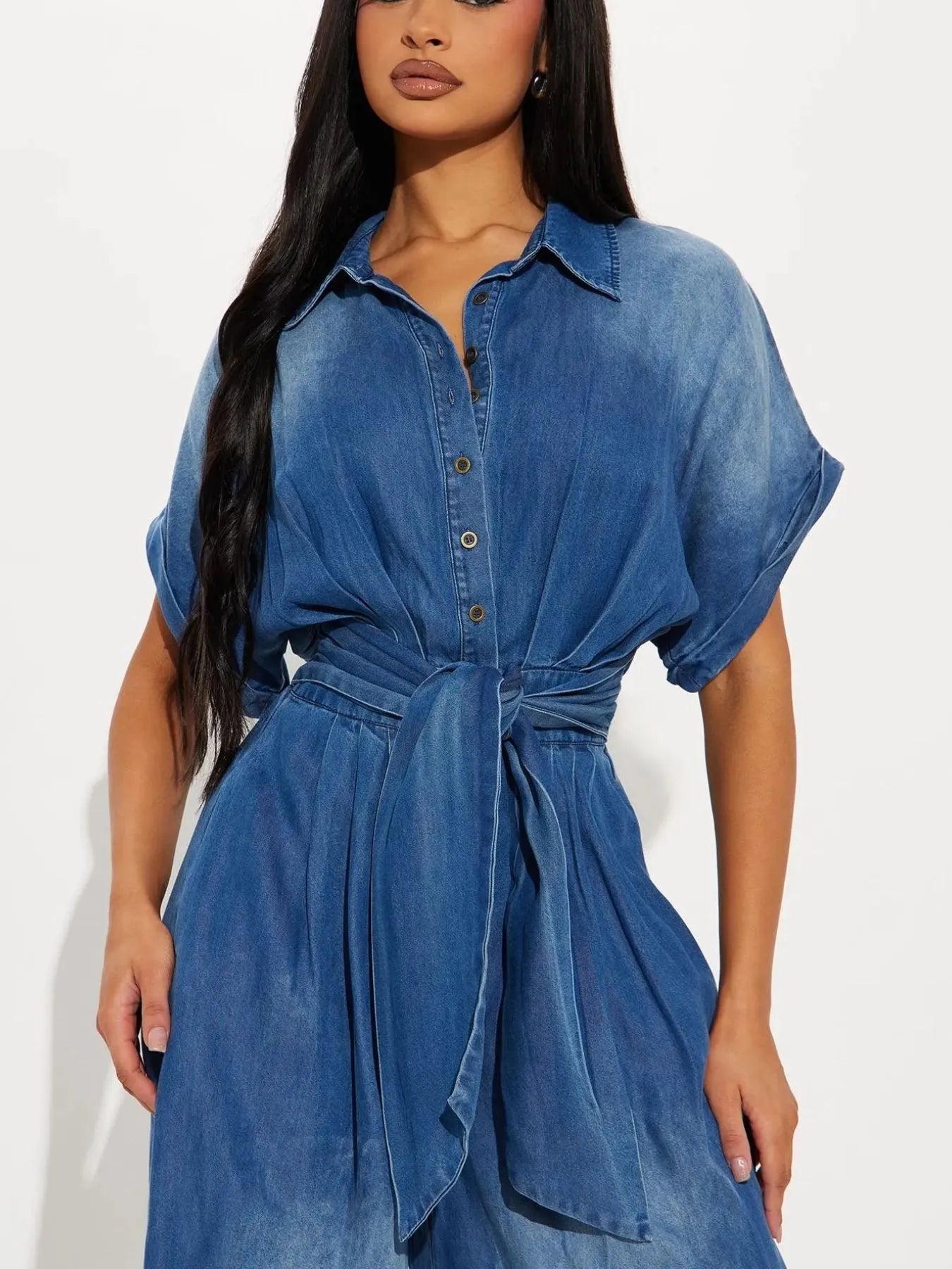 Blue Denim Shirt Dress with Short Sleeves and Tied Waistband