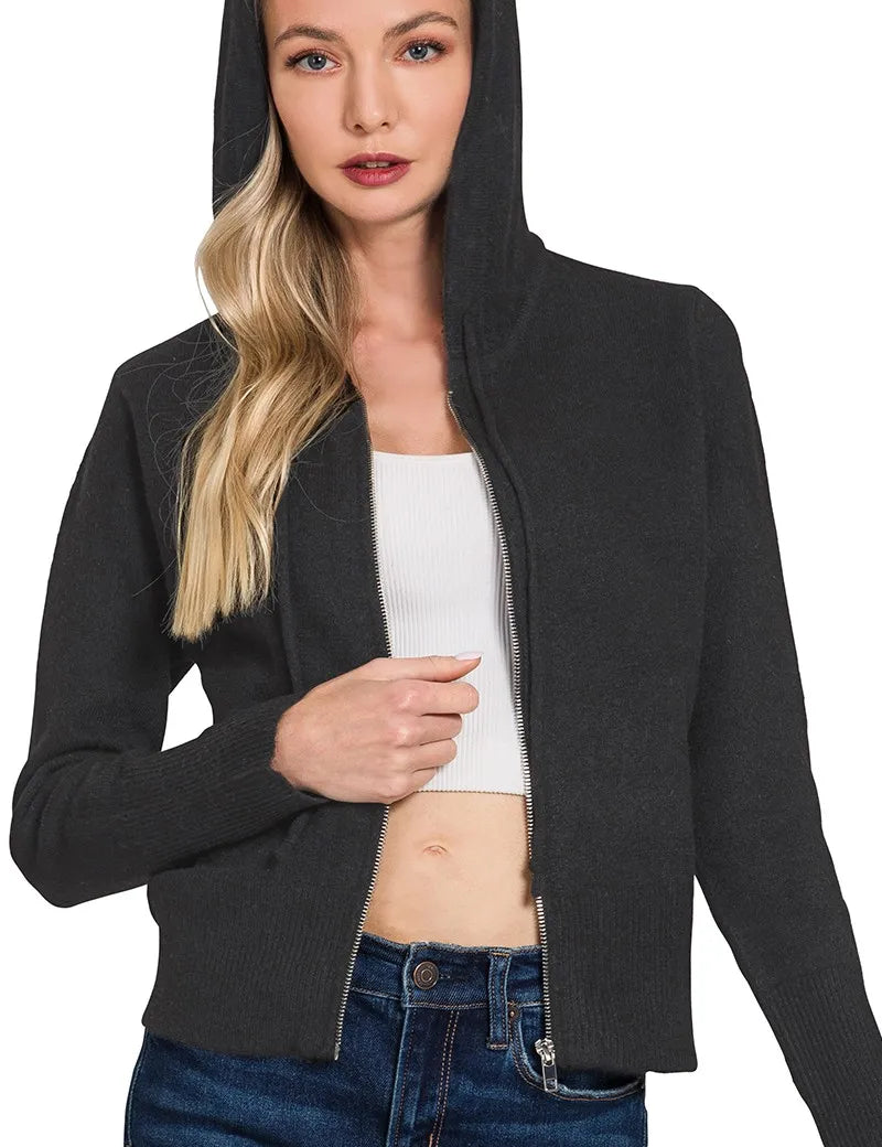 Zenana Drawstring Zip Up Hooded Cardigan Black | Cardigans Daverri Fashions