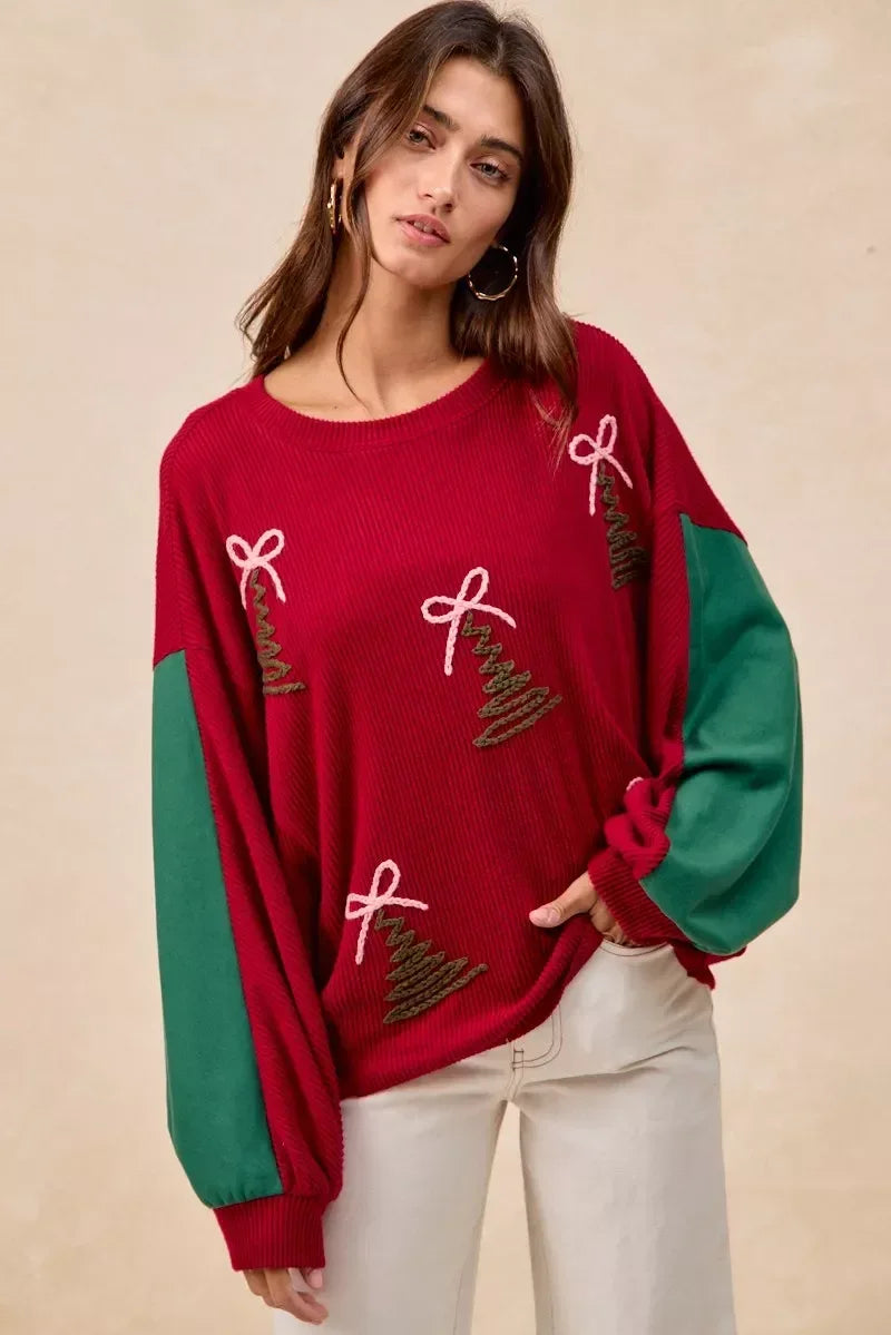 BiBi Christmas Theme Tree Embroidered Sweater - DAVERRI FASHIONS