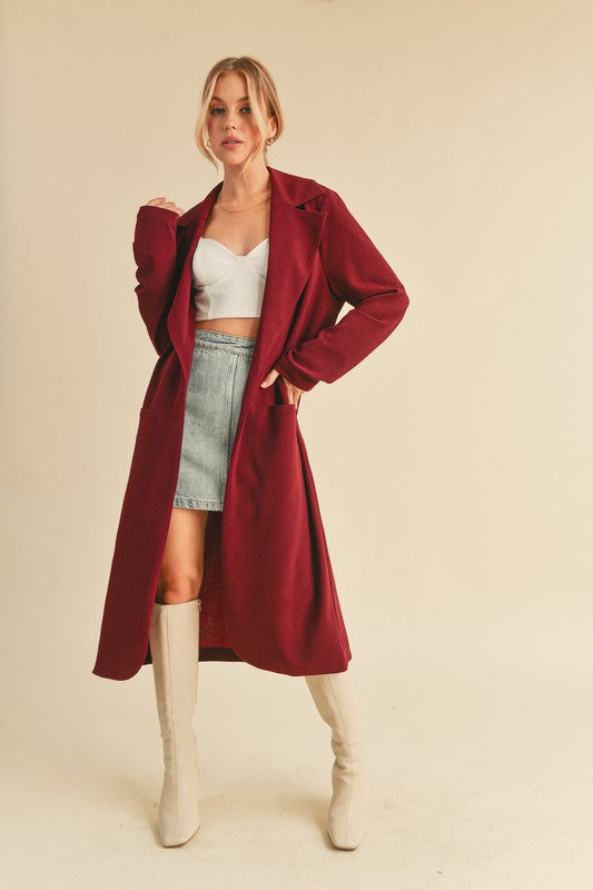 Aemi + Co Lapel Collar Long Sleeve Longline Coat Burgundy