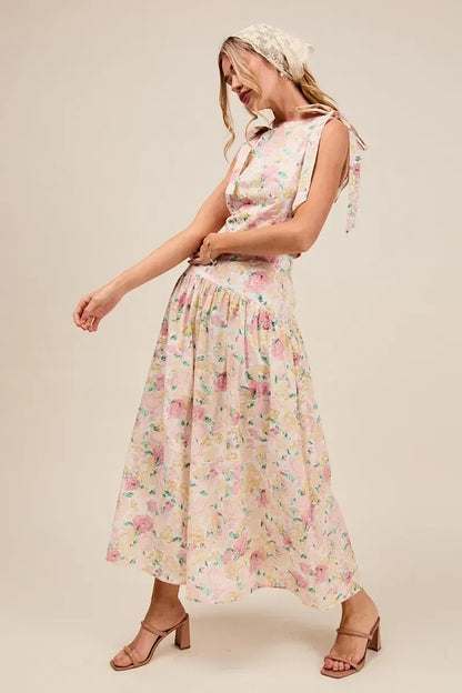 SO ME Floral Printed Woven Shoulder Bow Tie Top and Skirt Set - DAVERRI FASHIONS