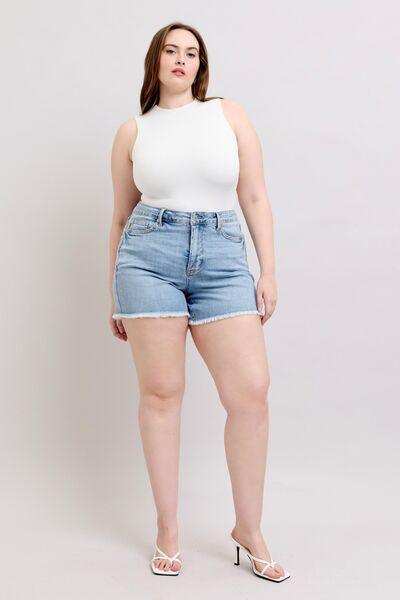 Judy Blue Tummy Control Raw Hem Denim Shorts Denim Shorts
