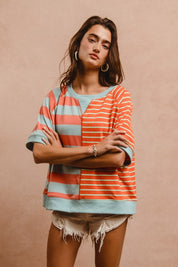 BiBi Striped Round Neck Half Sleeve French Terry Top Tops