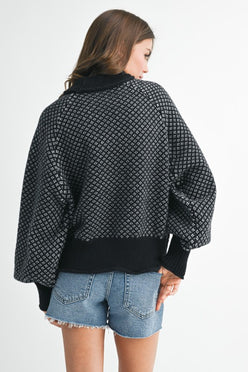 Black Aemi + Co Echo loose fit knit cardigan with white geometric pattern