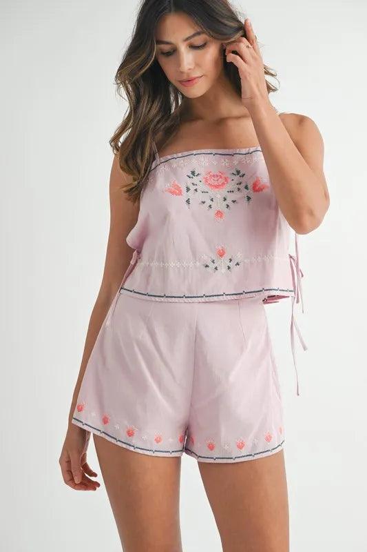 MABLE Embroidered Crop Top and Shorts Set Blush Pink S