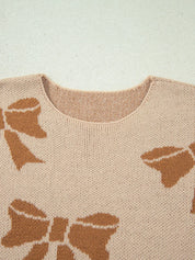 Ribbon Bow Checkered Striped Sleeve Drop Shoulder Sweater | Sweaters Daverri Fashions