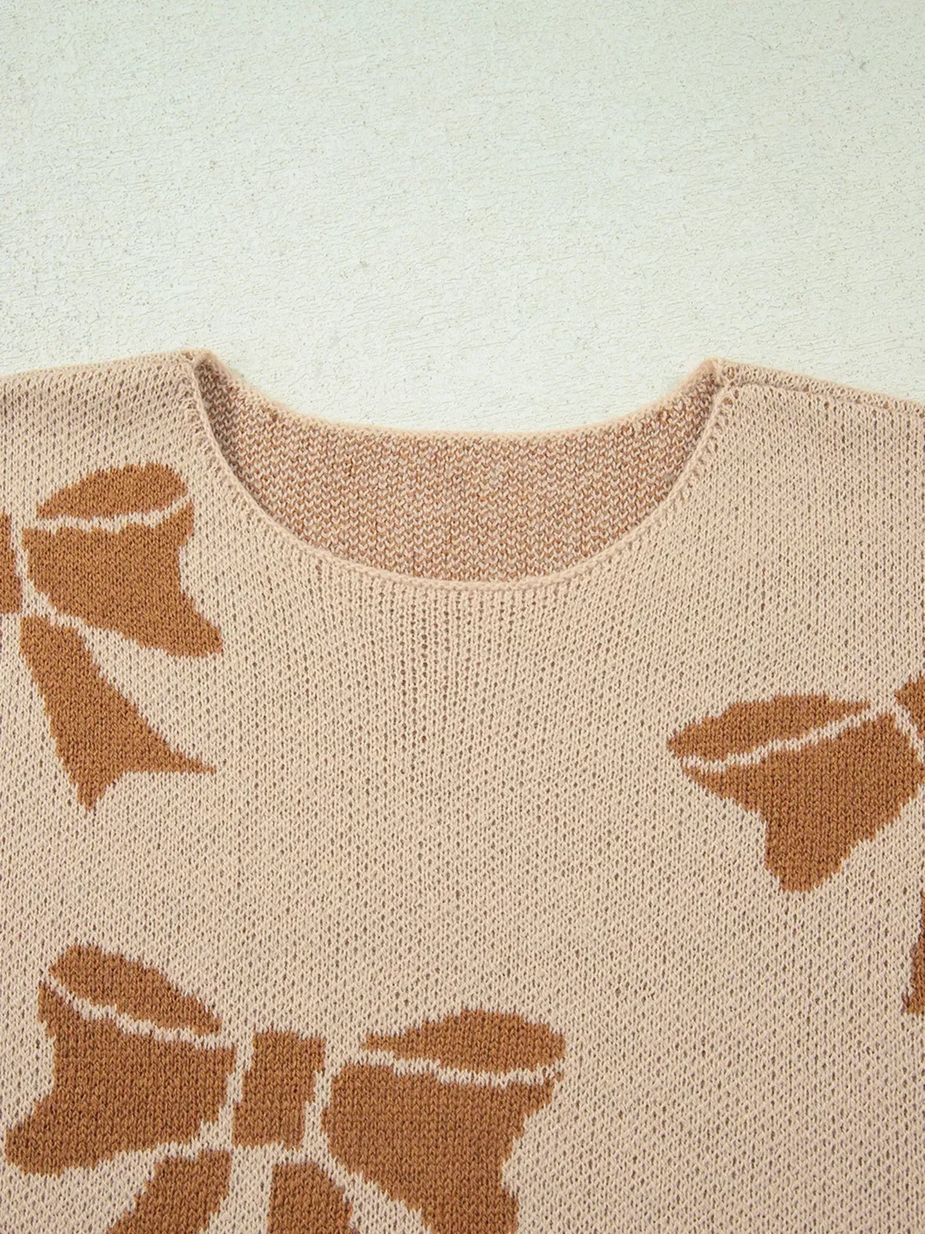 Ribbon Bow Checkered Striped Sleeve Drop Shoulder Sweater - DAVERRI FASHIONS