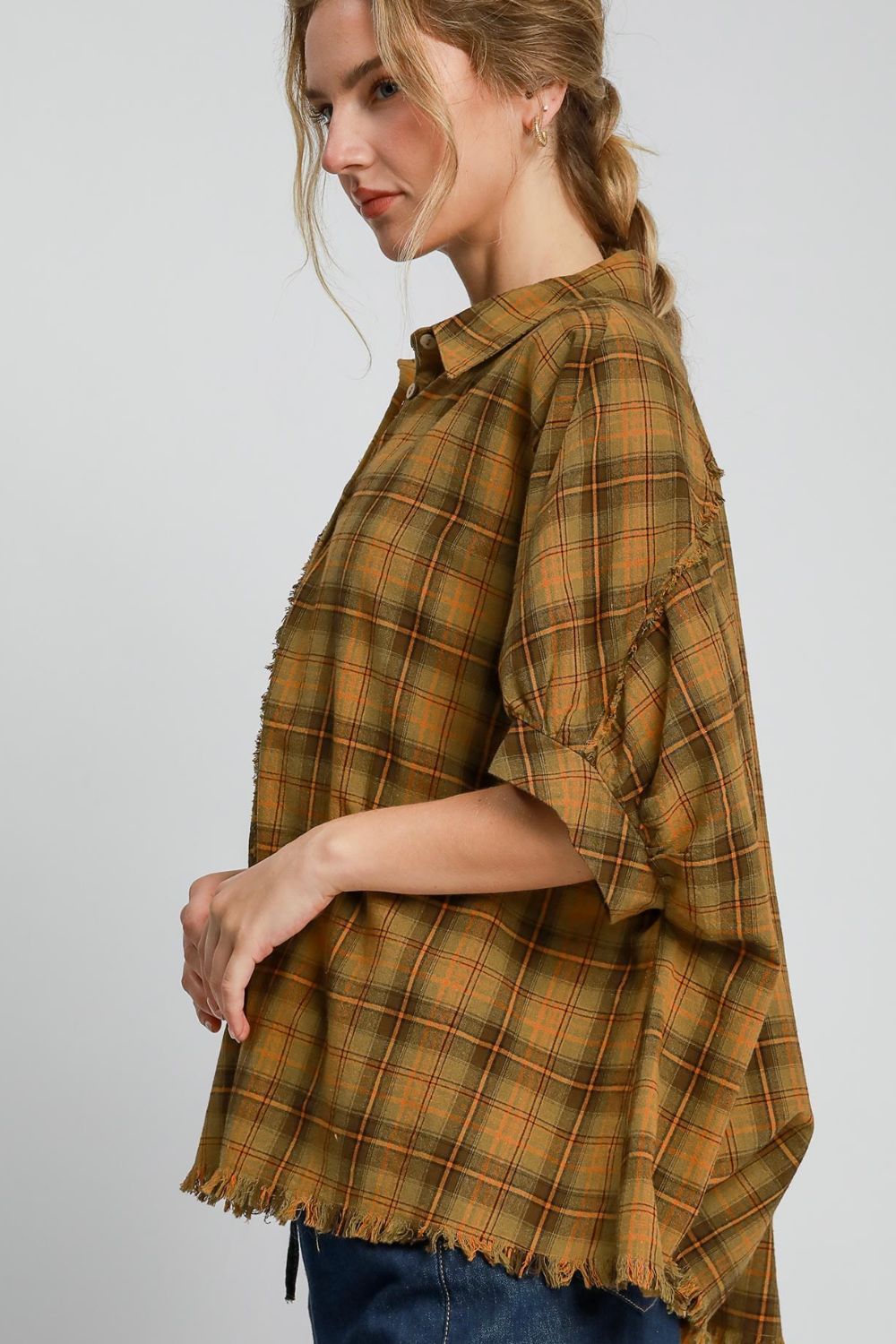 Umgee Raw Hem Plaid Collared Neck Half Sleeve Shirt Shirts