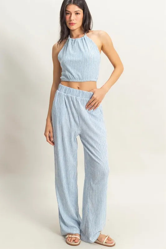 HYFVE Striped Halter Neck Top and Pants Set BLUE WHITE