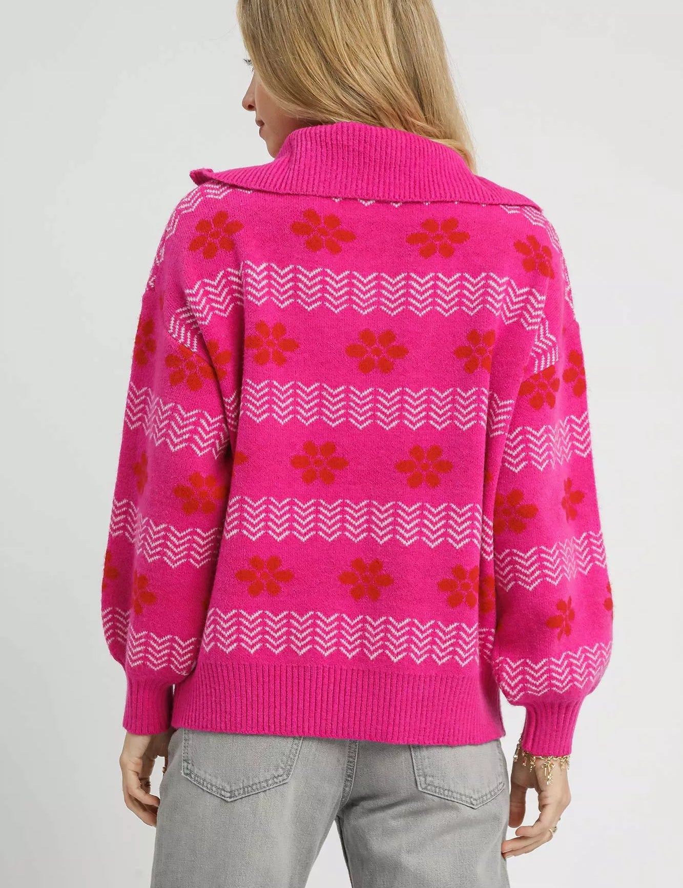 Umgee Floral Patterned Jacquard Quarter-Zip Pullover Sweater Hot Pink | Sweaters Daverri Fashions
