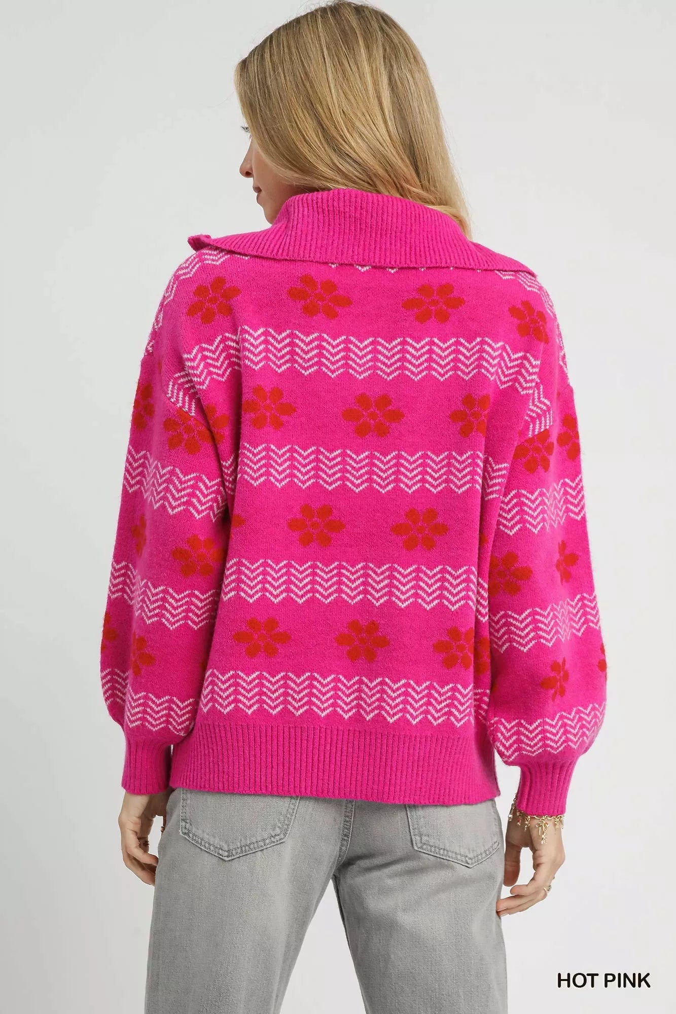 Umgee Floral Patterned Jacquard Quarter-Zip Pullover Sweater Hot Pink | Sweaters Daverri Fashions