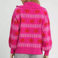 Umgee Floral Patterned Jacquard Quarter-Zip Pullover Sweater Hot Pink - DAVERRI FASHIONS