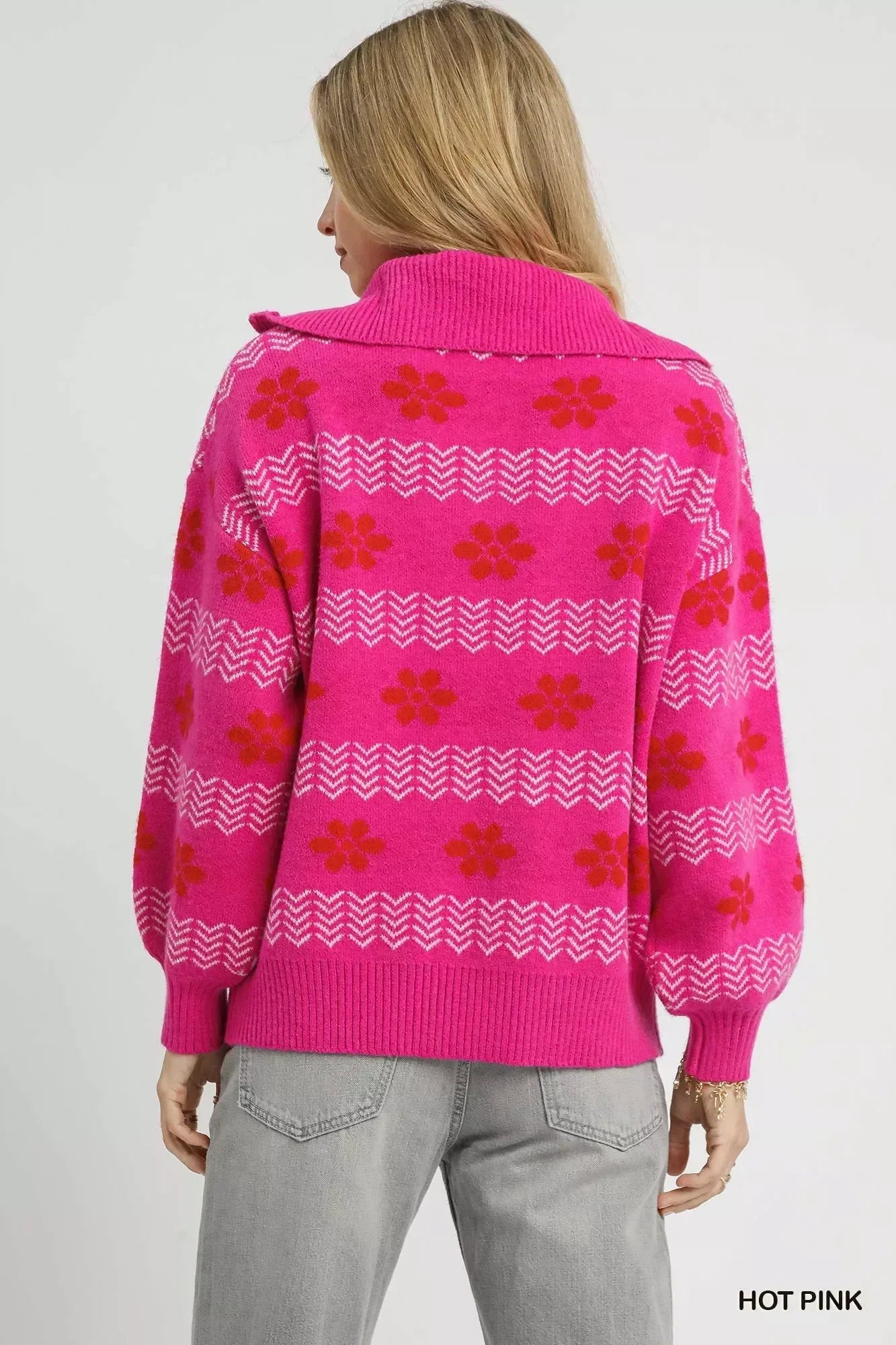 Umgee Floral Patterned Jacquard Quarter-Zip Pullover Sweater Hot Pink - DAVERRI FASHIONS