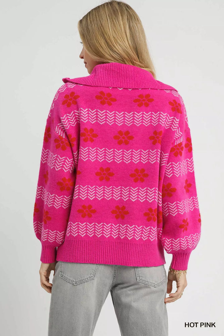Umgee Floral Patterned Jacquard Quarter-Zip Pullover Sweater | Sweaters Daverri Fashions