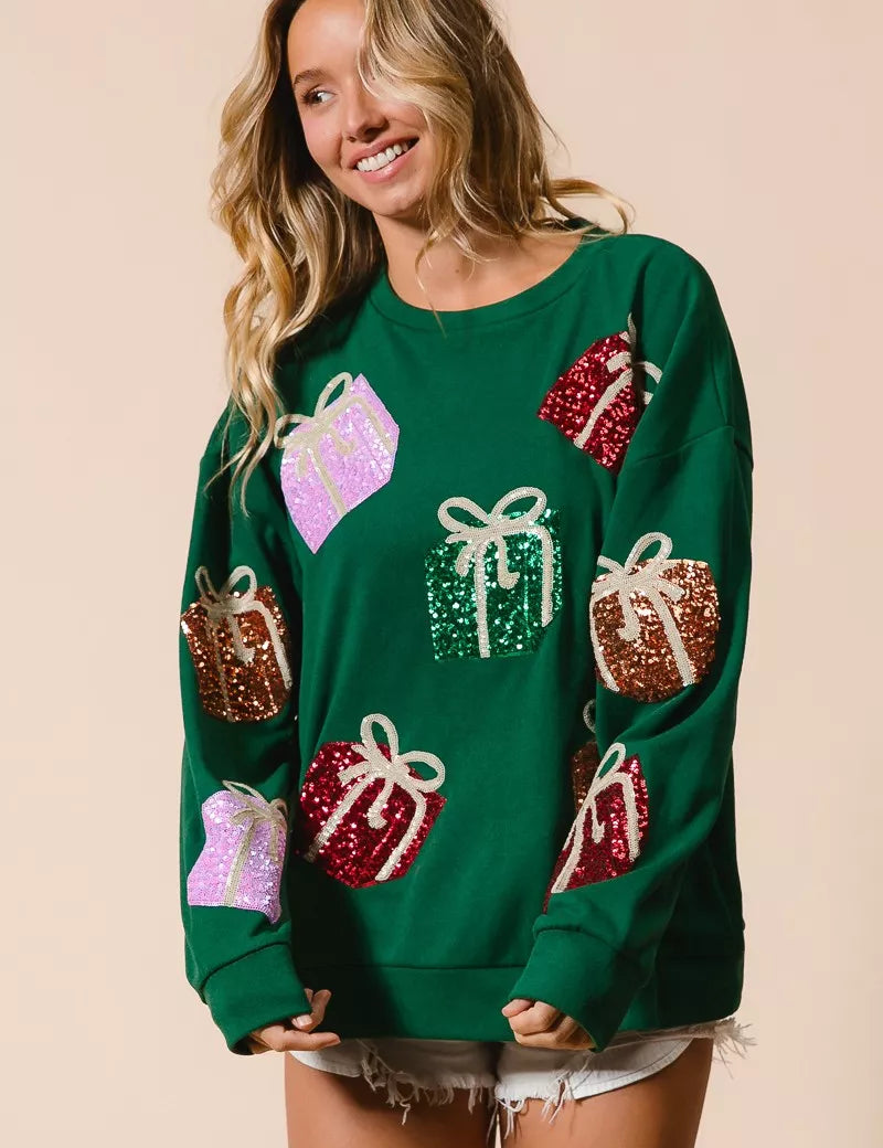 Green sequined gift box sweater pullover by BiBi