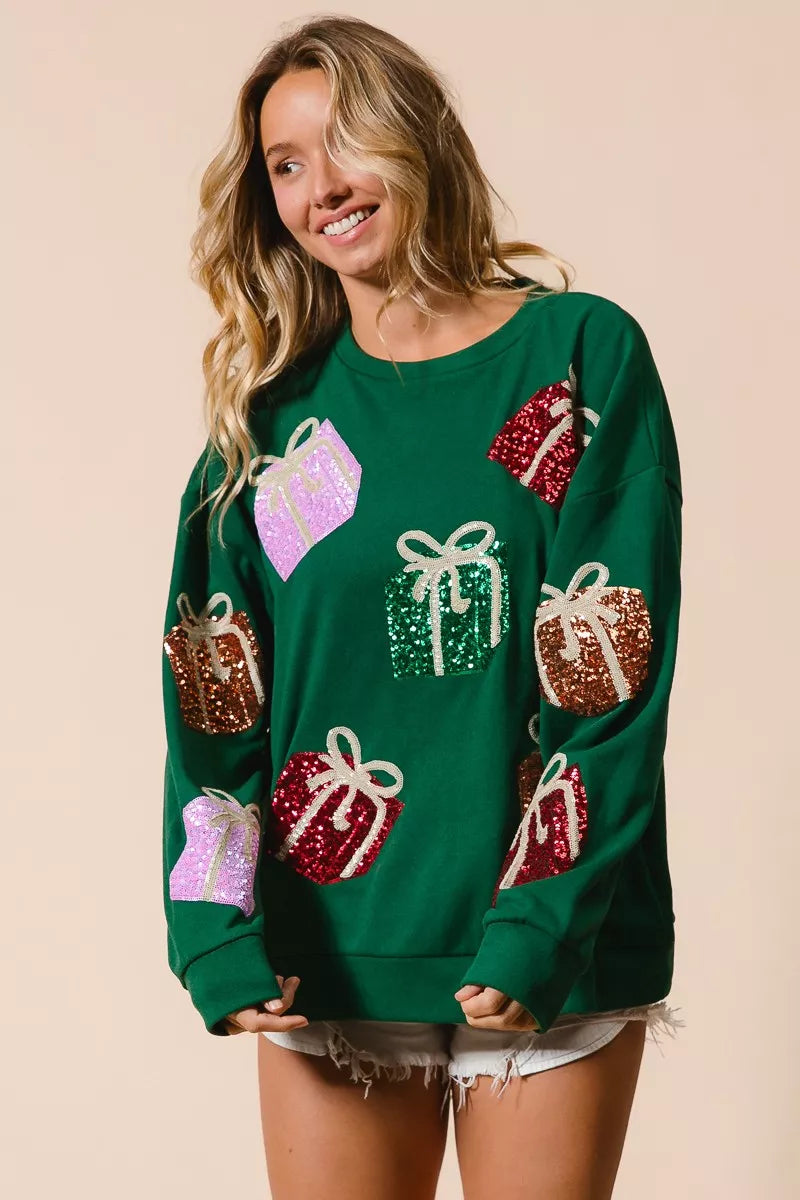 Green sequined gift box sweater pullover by BiBi