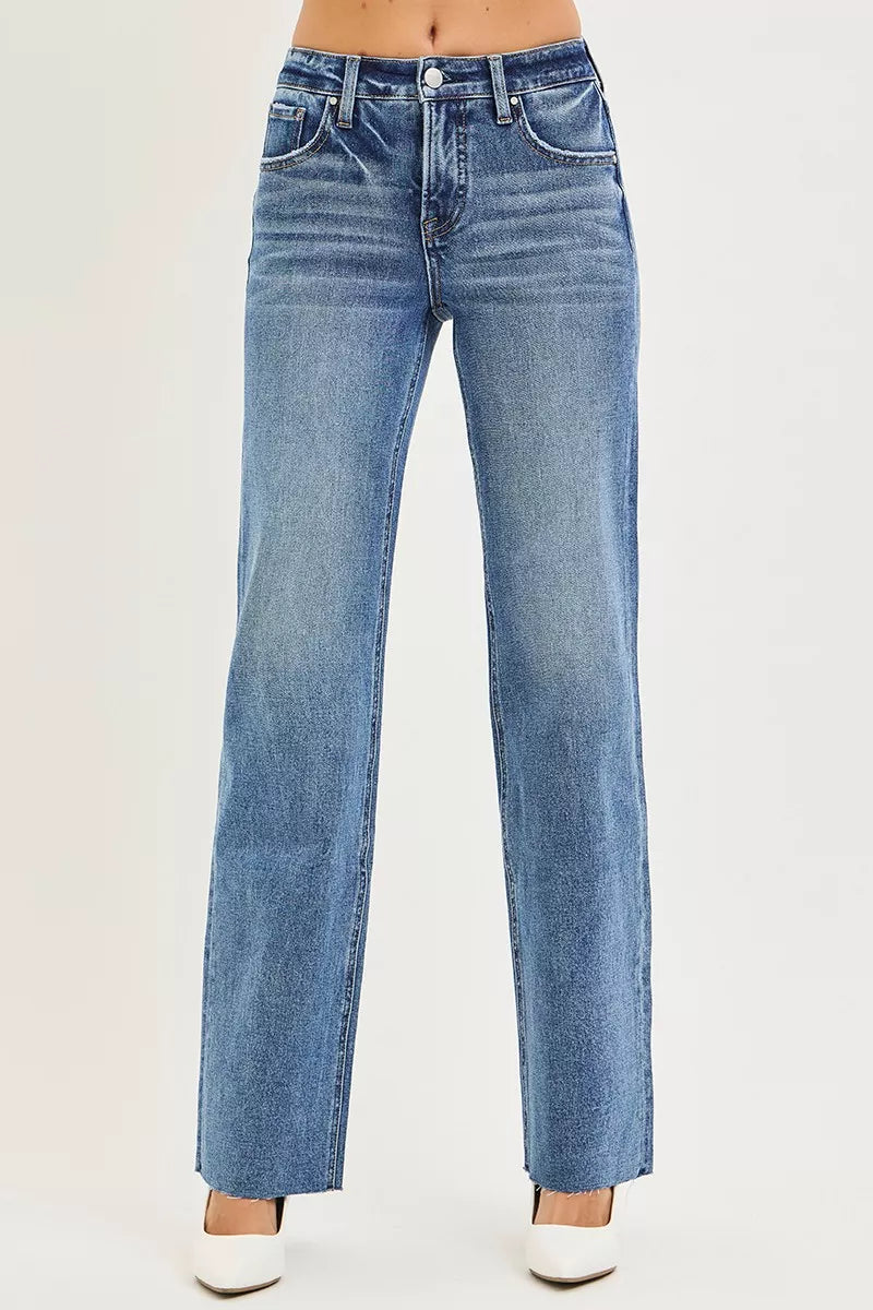 RISEN Tummy Control high-waisted blue straight-leg jeans with frayed hems