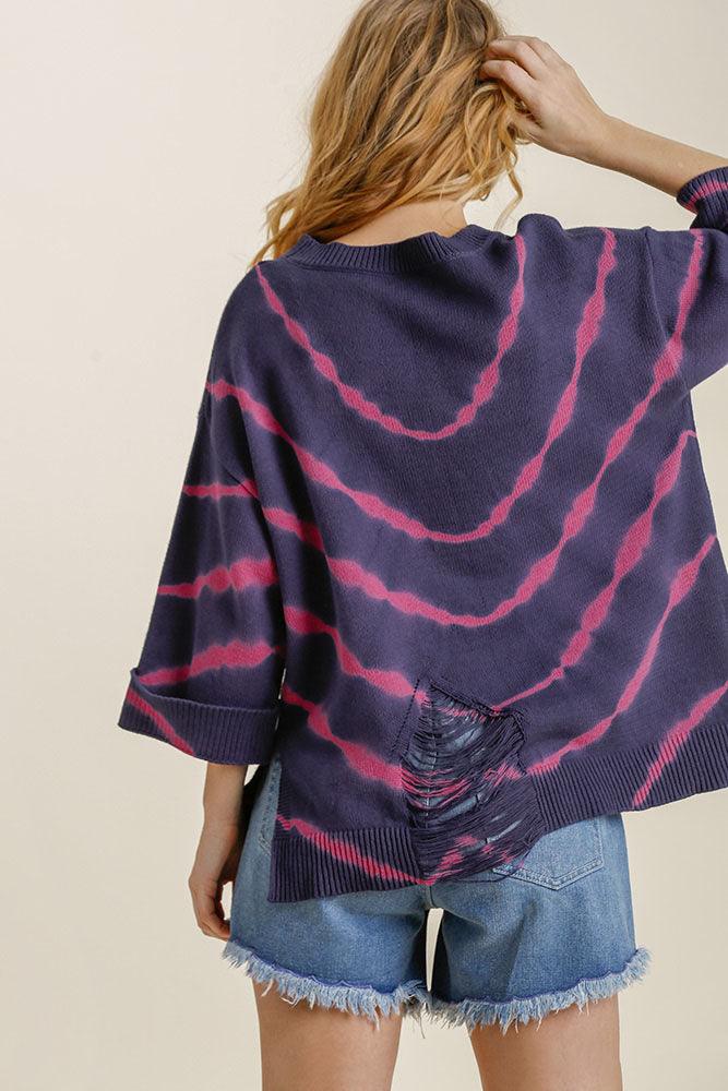 Umgee Tie Dye Side Slit Round Neck Distressed Detail Sweater | Sweaters Daverri Fashions