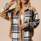 BiBi Curved Hem Sequin Plaid Button Up Shacket Latte Multi Jackets