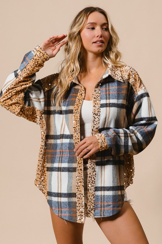 BiBi Curved Hem Sequin Plaid Button Up Shacket Latte Multi Jackets