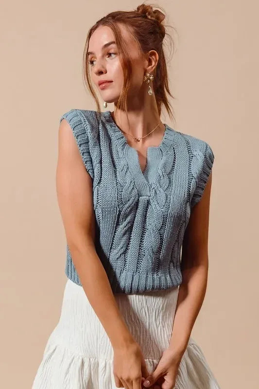 SO ME Notched Neck Cable Knit Sweater Vest - DAVERRI FASHIONS