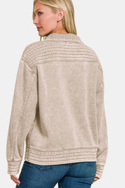 Zenana Acid Washed Half Snap Fleece Sweatshirt Ash Mocha | Sweatshirts Daverri Fashions