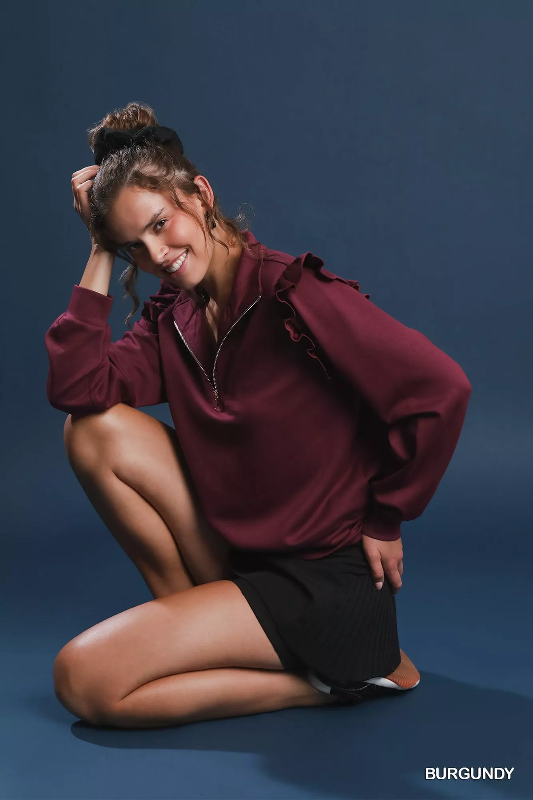 Umgee Luxeknit Ruffle Shoulder Quarter-Zip Sweatshirt | Sweatshirts Daverri Fashions