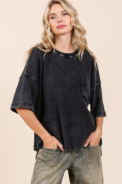 Mittoshop Mineral Wash Waffle Knit Short Sleeve Top Ash Black