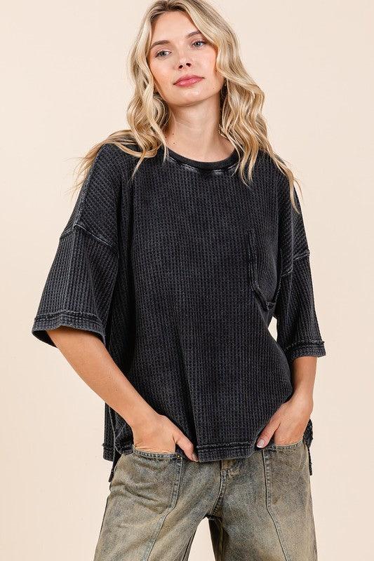 Mittoshop Mineral Wash Waffle Knit Short Sleeve Top Ash Black Tops