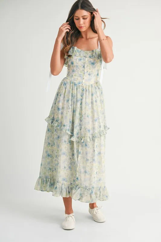 MABLE Floral Printed Shoulder Strap Midi Dress | Daverri Fashions
