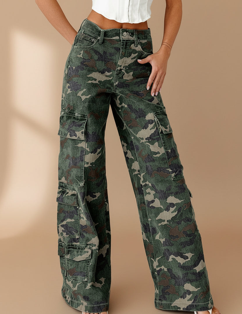Green Camo Cargo Wide Leg Denim Jeans
