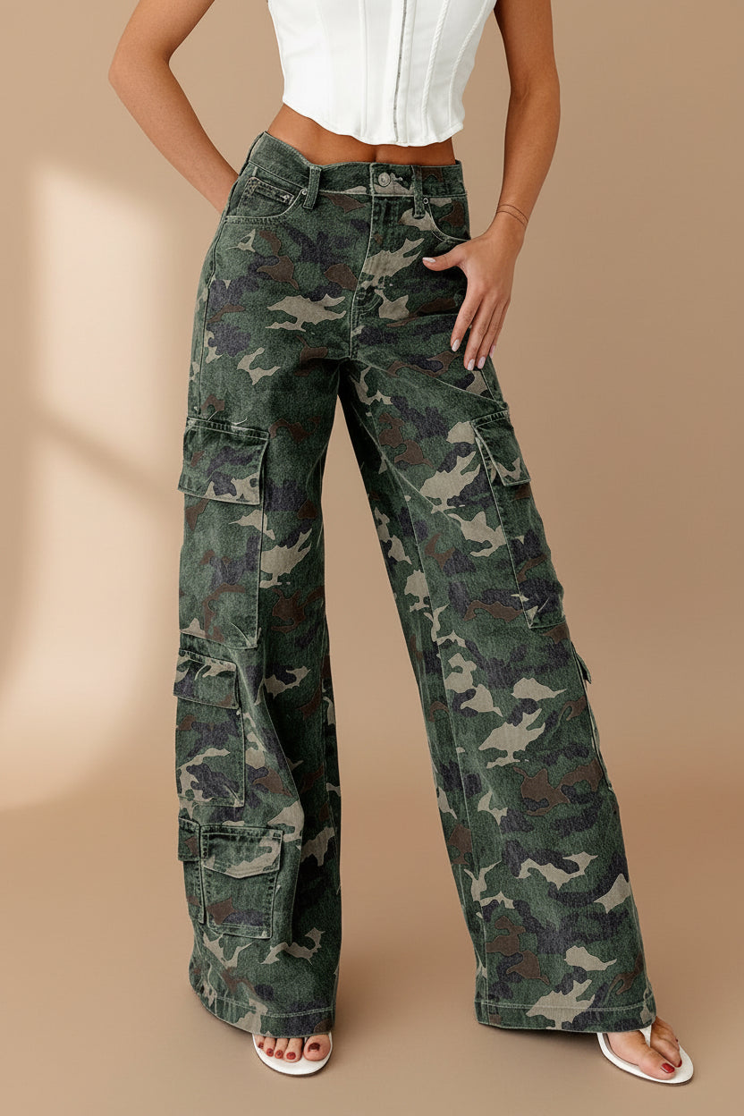 Green Camo Cargo Wide Leg Denim Jeans